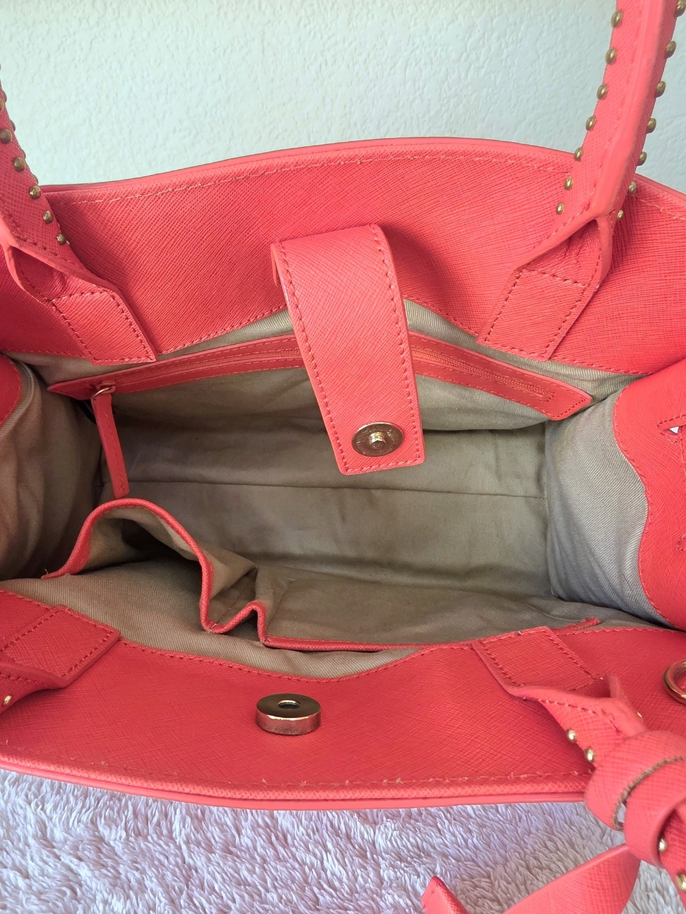 π§‘ Kenneth Cole Coral Orange Top Handle Gold Studded Tote Bag Detachable Strap - Picture 8 of 13
